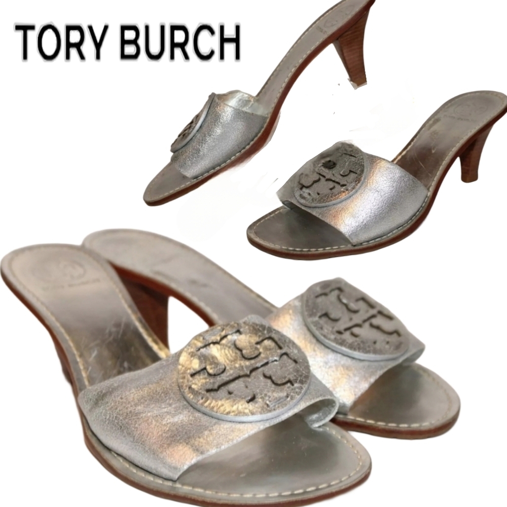 Tory Burch  9 M Heeled Slides Sandals Metallic Silver Leather Shoes